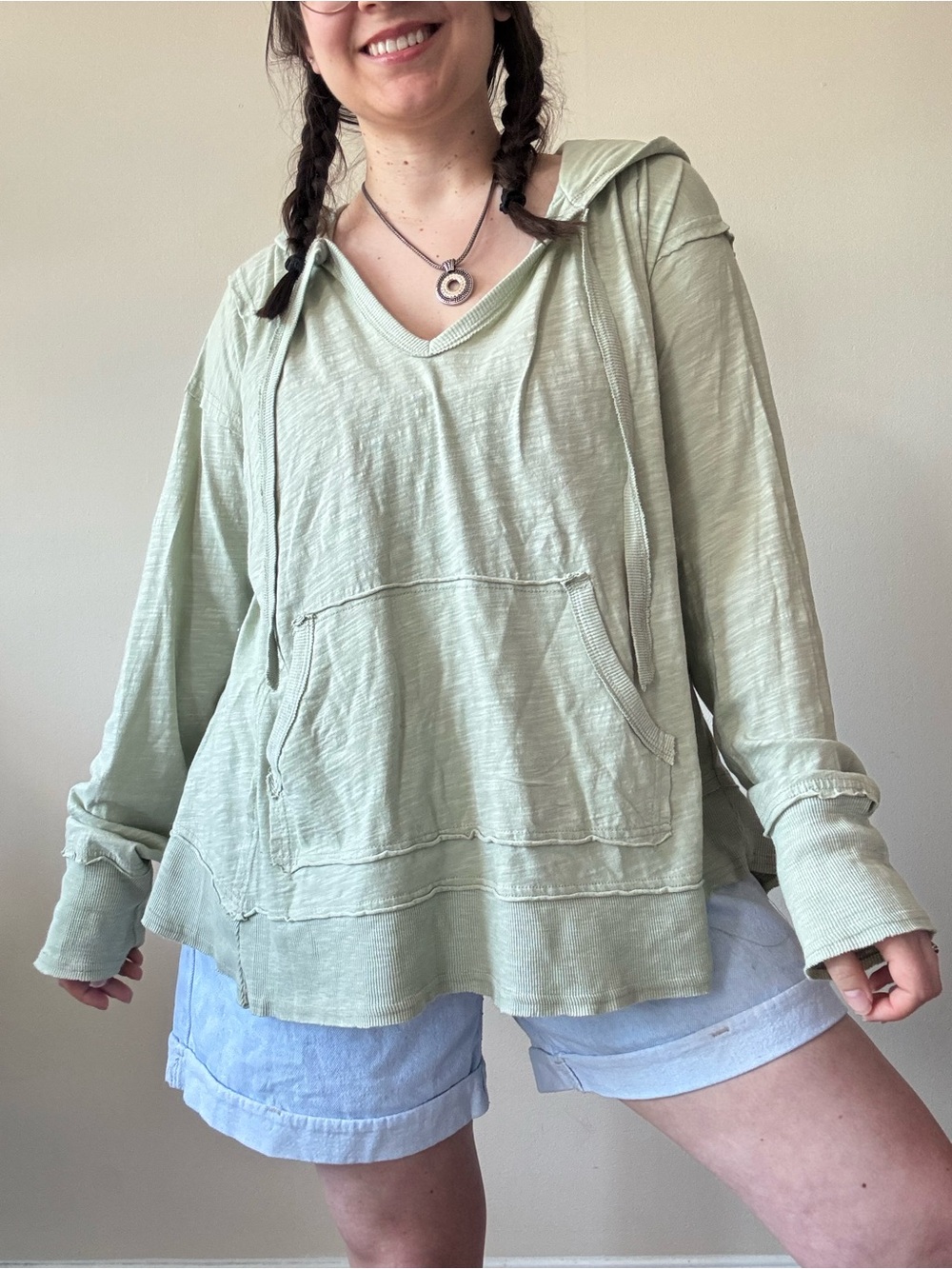 Easel Light Sage V-Neck Hooded Pullover Top